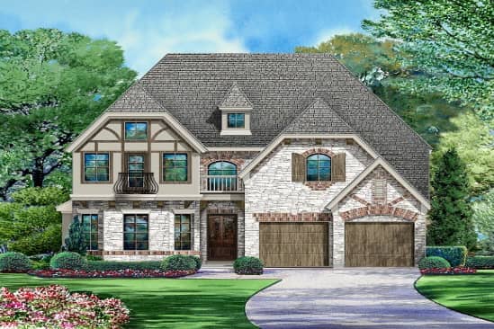 Front rendering of Tudor home plan (ThePlanCollection: House Plan #195-1061)