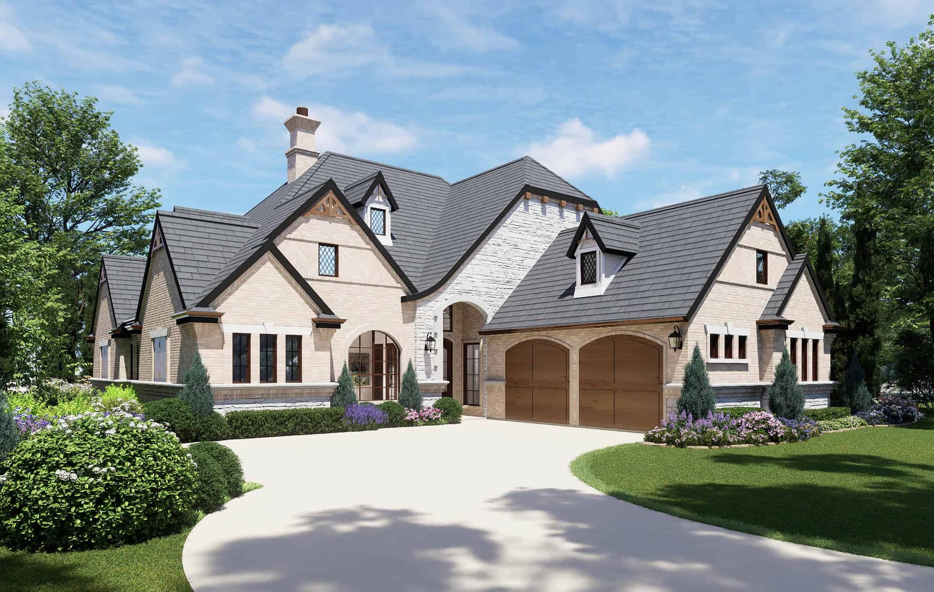 Front elevation of Tudor home (ThePlanCollection: House Plan #195-1067)