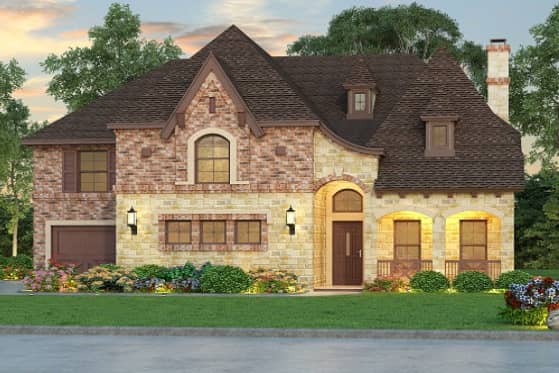 Front rendering of European home plan (ThePlanCollection: House Plan #195-1069)