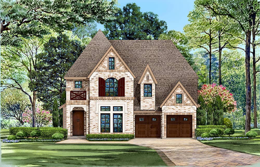 Front elevation of Tudor home (ThePlanCollection: House Plan #195-1123)