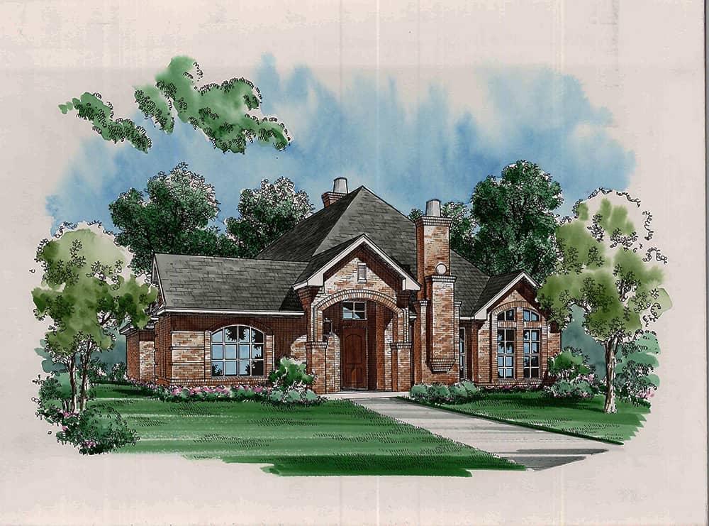 Front elevation of Tudor home (ThePlanCollection: House Plan #195-1145)