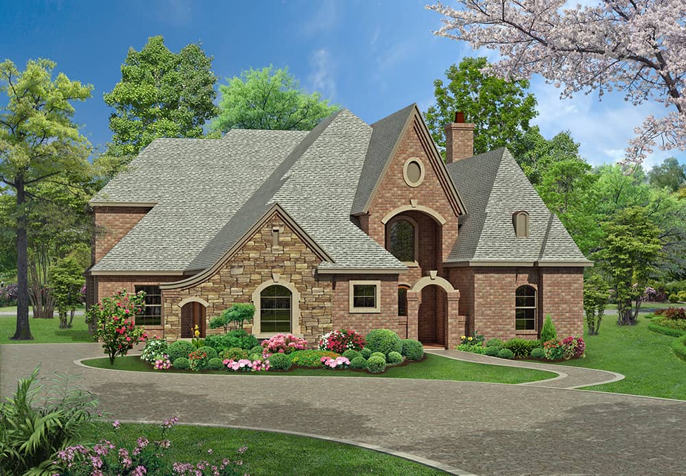 Front elevation of Tudor home (ThePlanCollection: House Plan #195-1175)