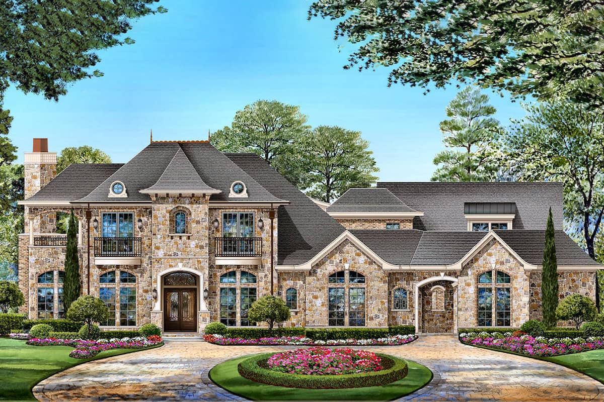 Front elevation of Tudor home (ThePlanCollection: House Plan #195-1211)