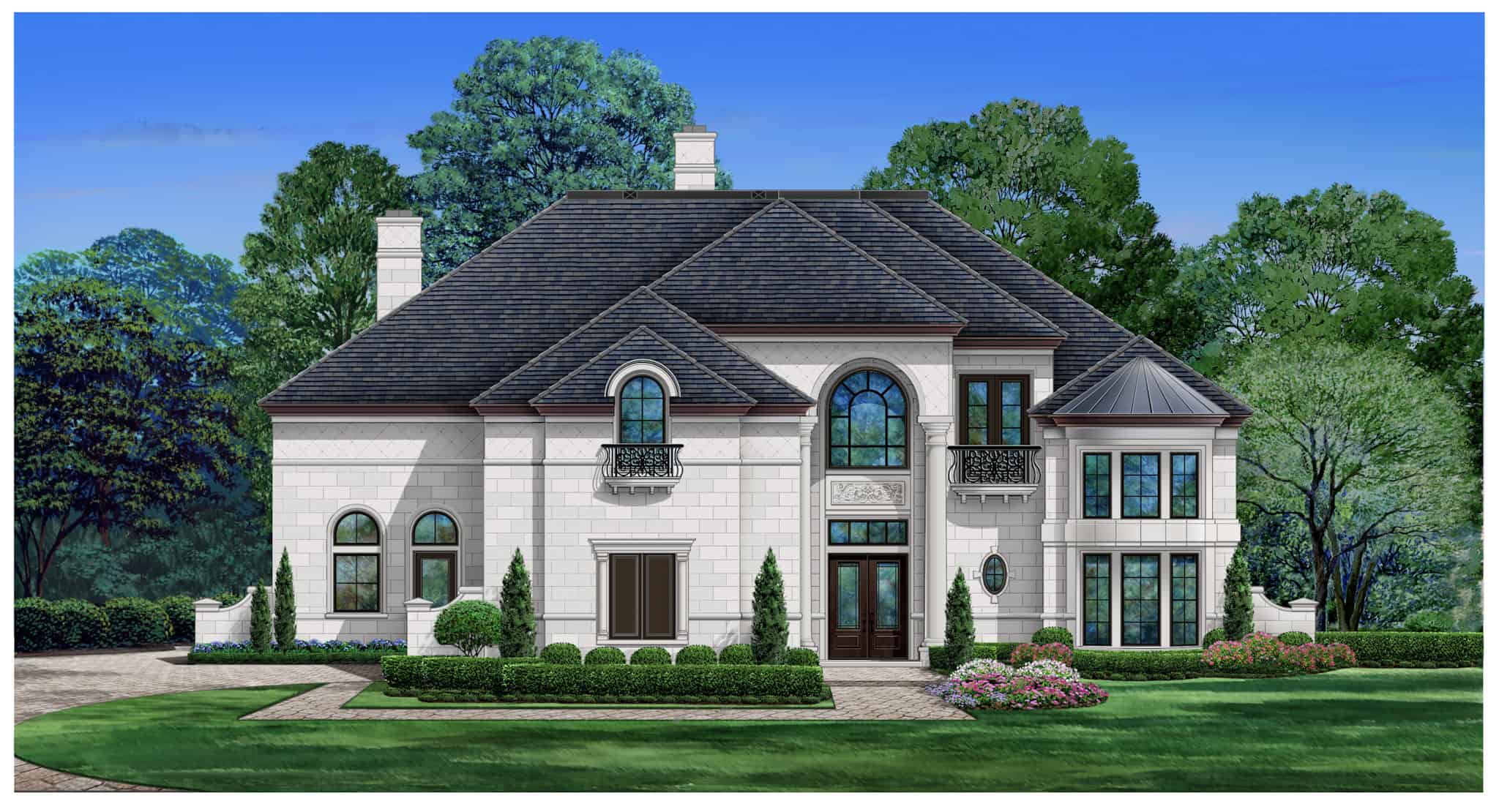 Front elevation of Tudor home (ThePlanCollection: House Plan #195-1311)