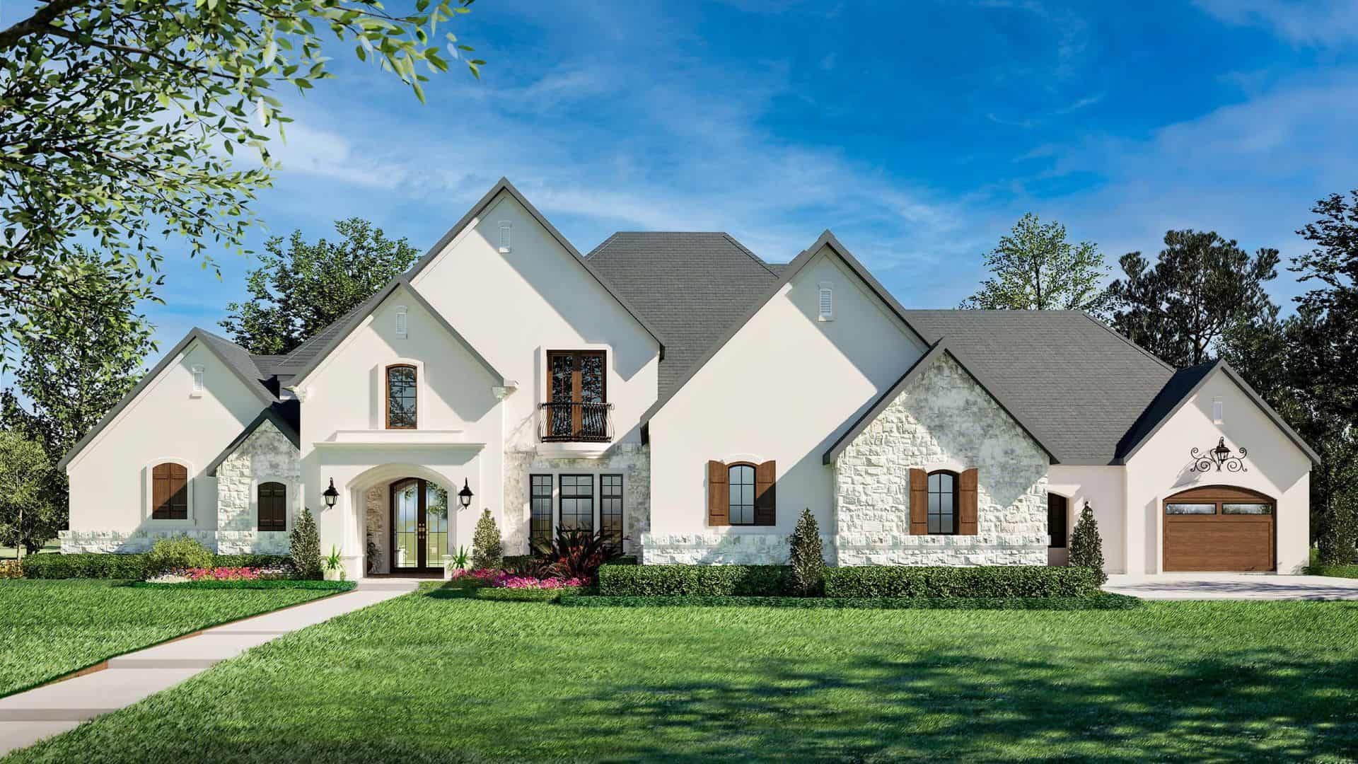 Front elevation of Tuscan home (ThePlanCollection: House Plan #195-1313)