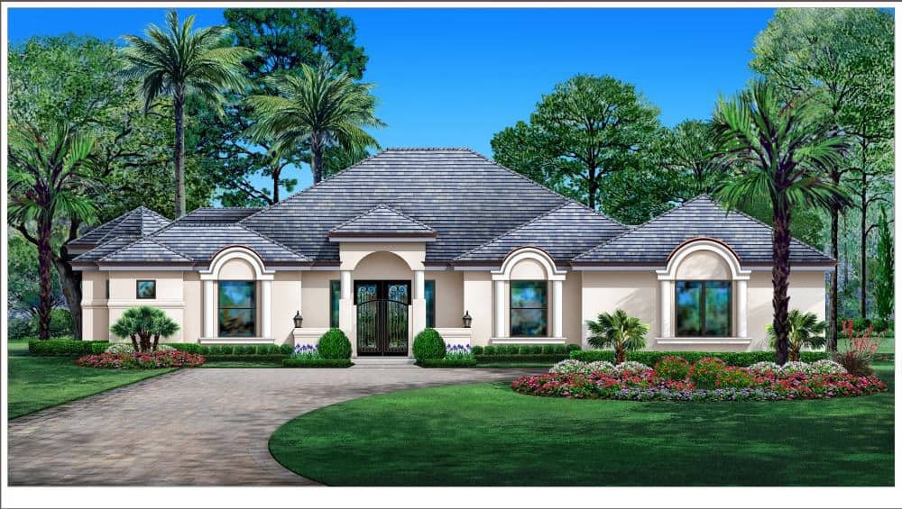 Front elevation of Spanish home (ThePlanCollection: House Plan #195-1322)