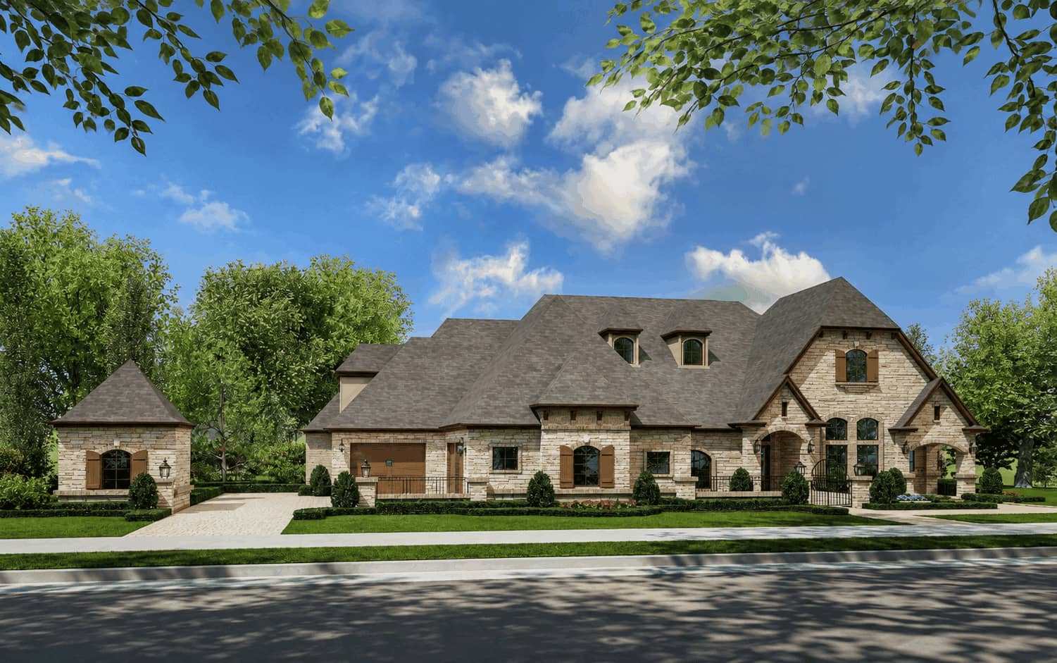 A French Country design with a multi-gable roof, tan stone and brick trim, a front courtyard, and an arched stone loggia. 4 beds, 4,171 sq ft - Plan #195-1349