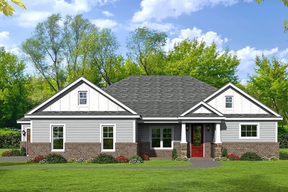 Front elevation of Craftsman home (ThePlanCollection: House Plan #196-1094)