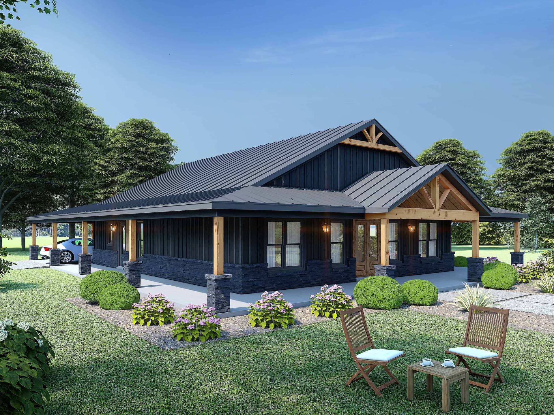 Front elevation of Barndominium home (ThePlanCollection: House Plan #196-1842)