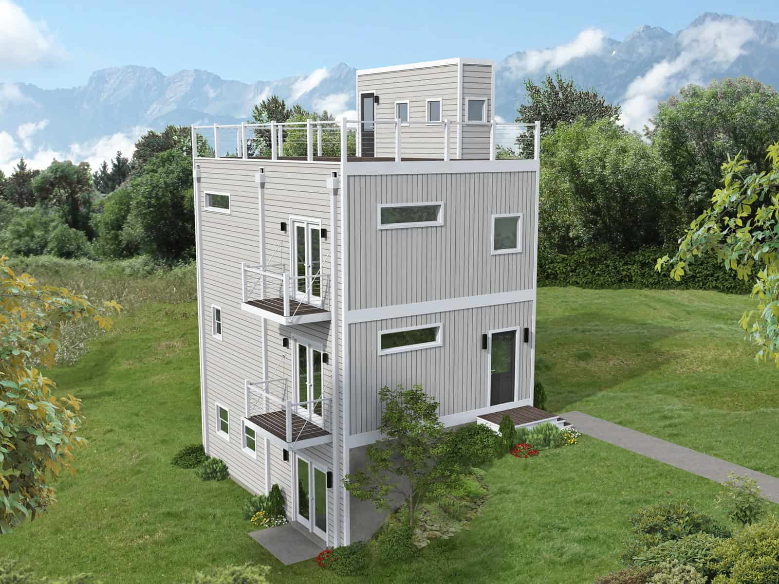 A three-story Modern design with flat roofline, rooftop deck, and private balcony. 3 beds, 1,337 sq ft - Plan #196-1960.