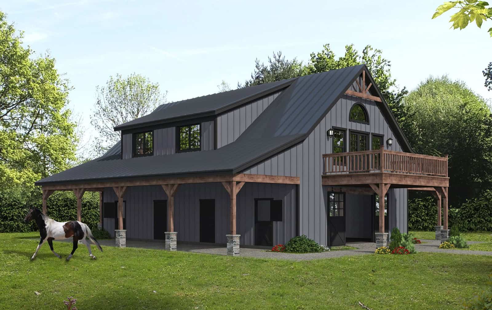 A two-story Barndominium home with board-and-batten and stone siding, a metal gable roof, and a four-car side-entry garage. 4 beds, 1,846 sq ft - Plan #196-1966.