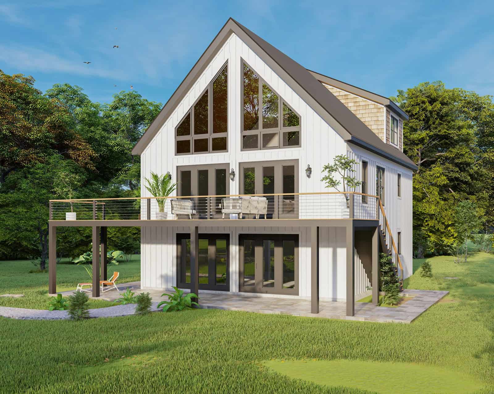 A-Frame cabin elevation with steeply pitched roofline, board-and-batten siding, wood shake gable accents, and covered front porch. 2 beds, 3,050 sq ft — Plan #196-1986.
