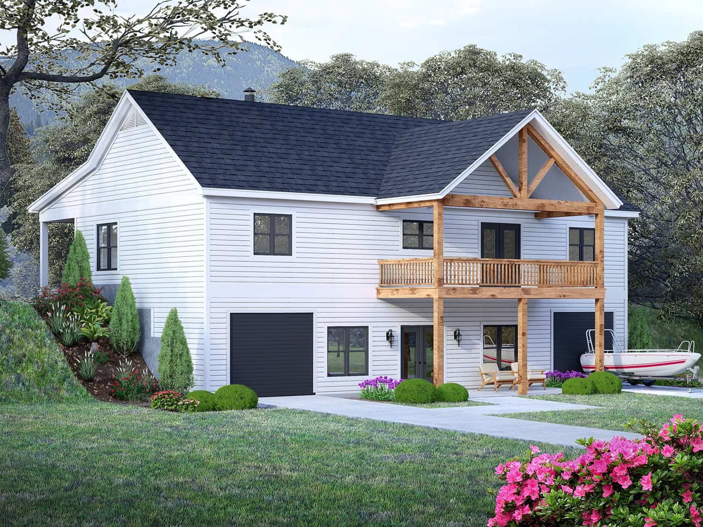 Rustic Craftsman facade with covered front porch, gable roofline, and vinyl siding over a 3-car drive-under garage. 2 beds, 1,740 sq ft — Plan #196-2001.