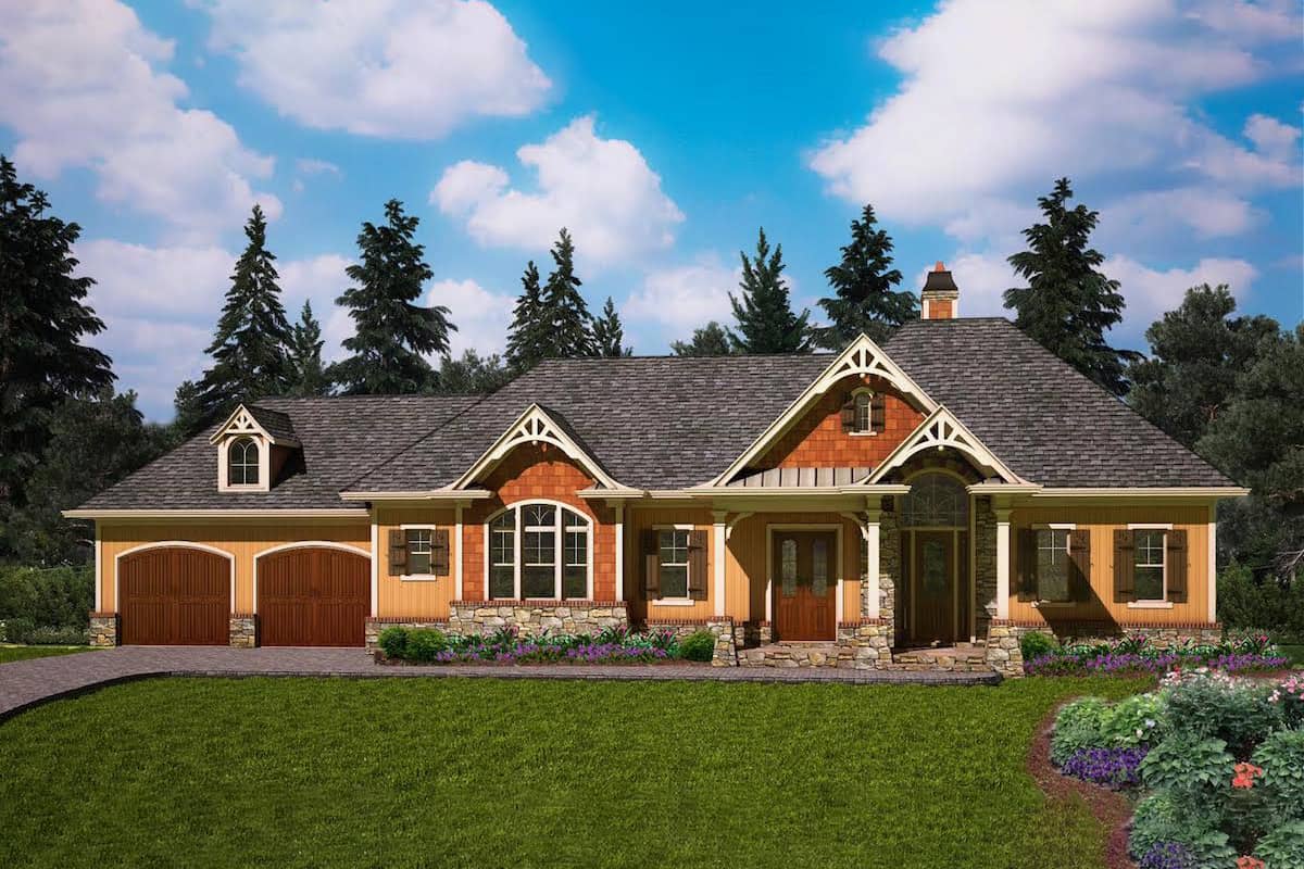 Front elevation of Craftsman home (ThePlanCollection: House Plan #198-1048)