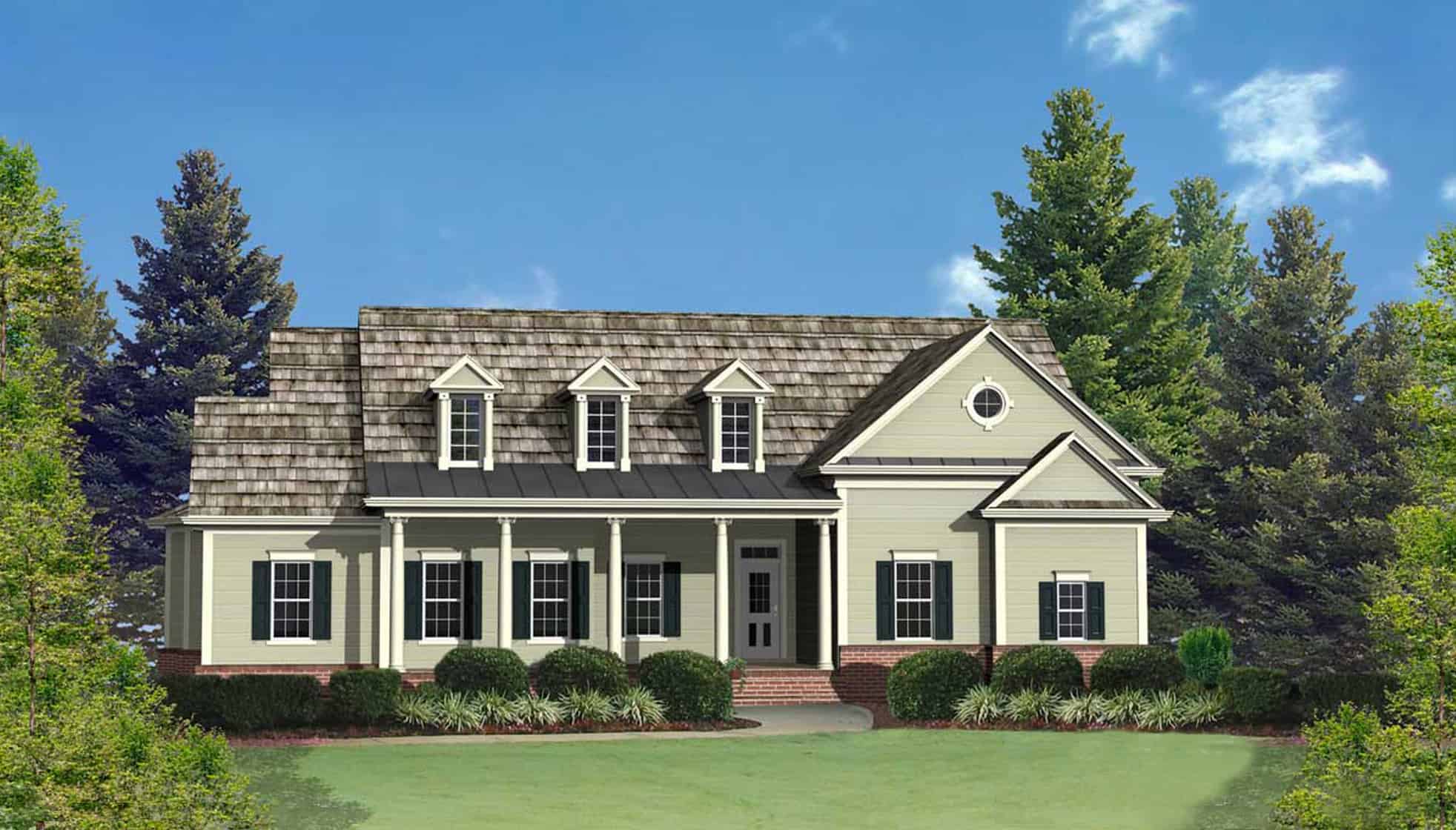 Front elevation of Cape Cod home (ThePlanCollection: House Plan #198-1107)