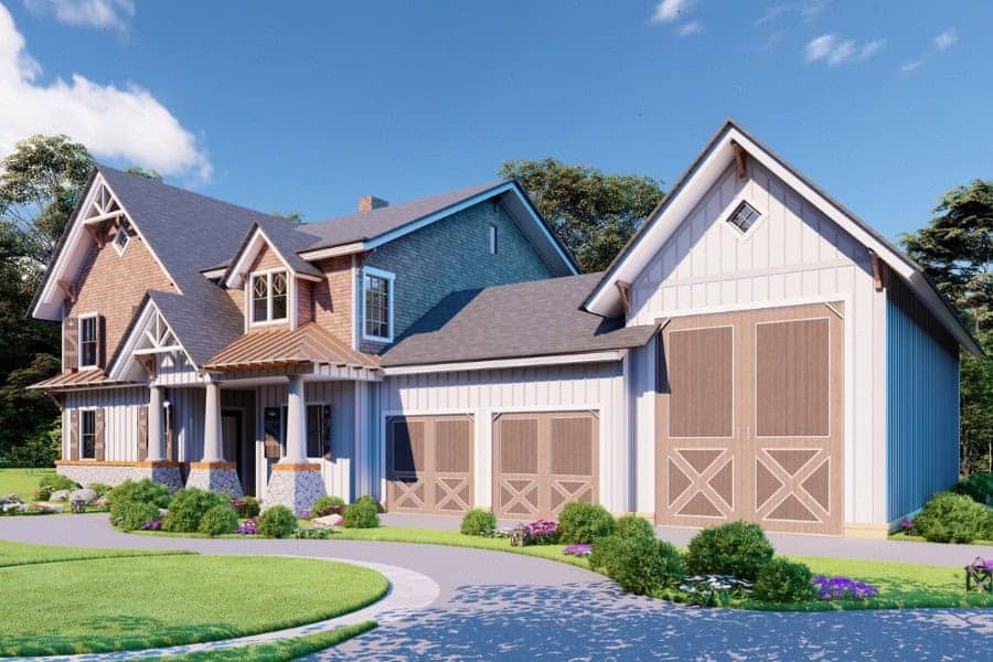 Front elevation of Barndominium home (ThePlanCollection: House Plan #198-1173)