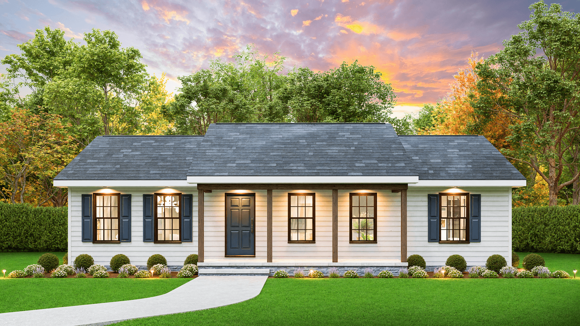 Front elevation of Ranch home (ThePlanCollection: House Plan #198-1197)