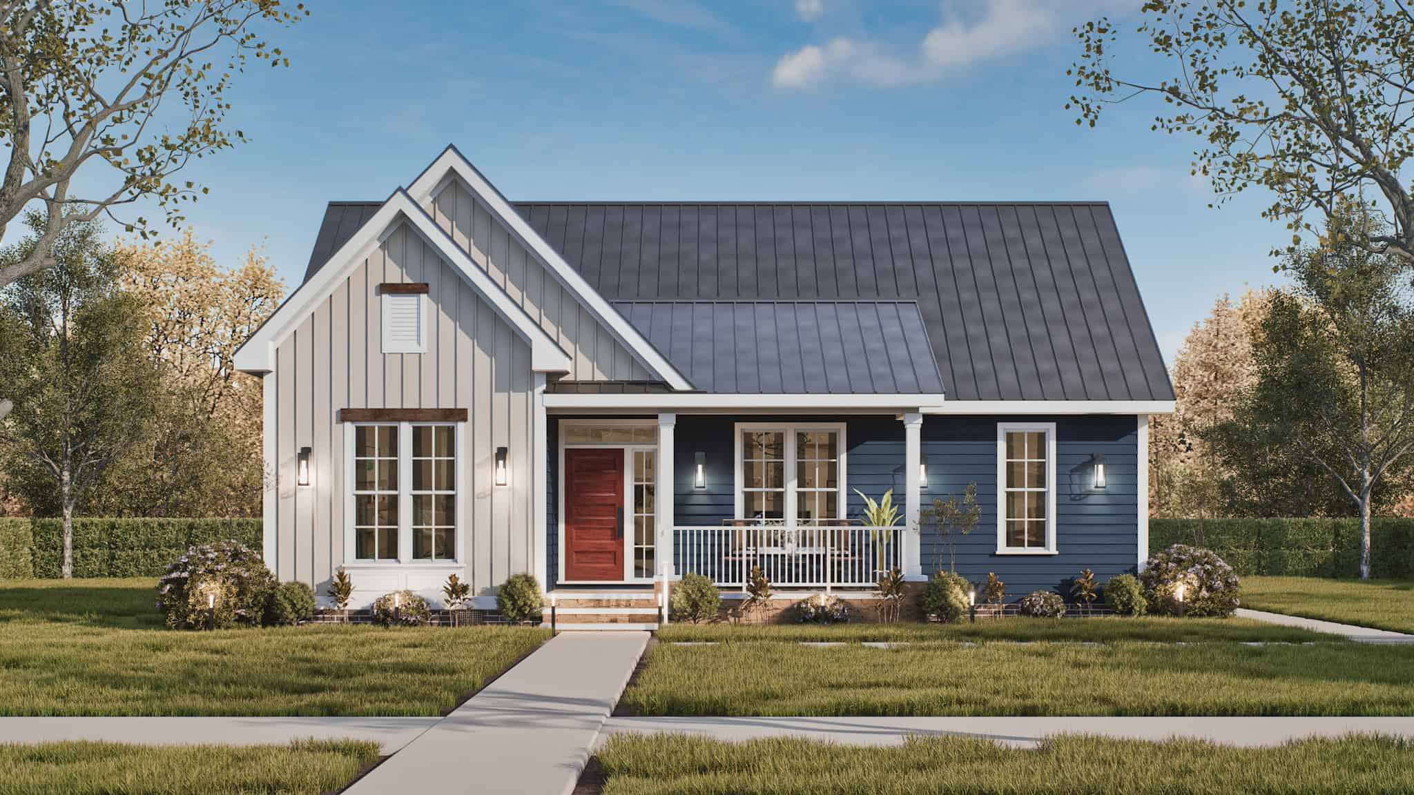 Front elevation of Modern Farmhouse home (ThePlanCollection: House Plan #198-1218)