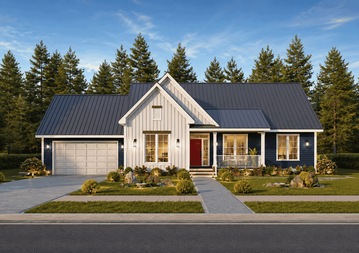 Modern Farmhouse facade with board and batten siding accents, covered front porch, and prominent gable roofline. 3 beds, 2.5 baths, 1,541 sq ft - Plan #198-1236