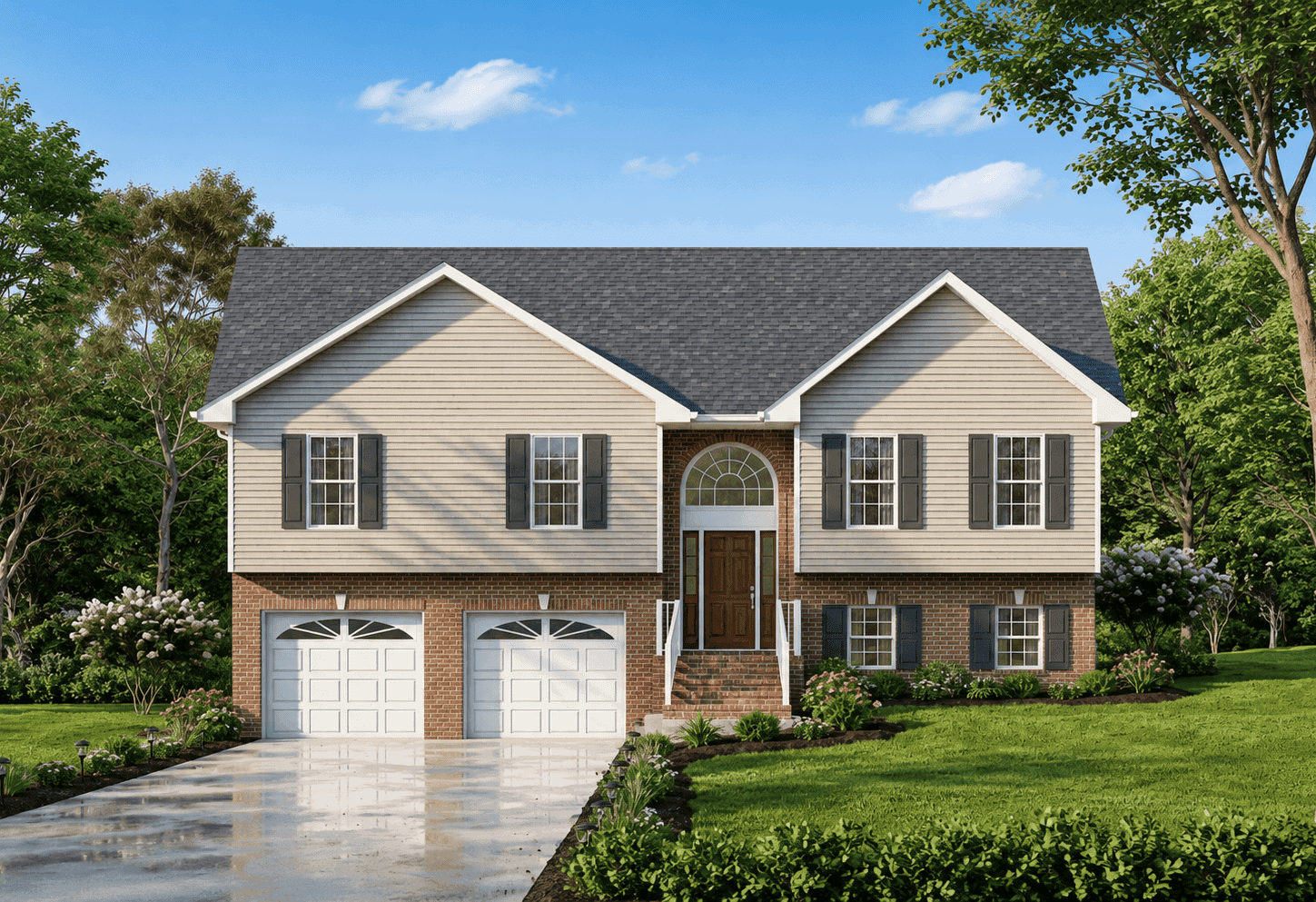 Split-level elevation with gable roofline, brick and vinyl siding, and front-entry garage. 3 beds, 1,334 sq ft - Plan #198-1237