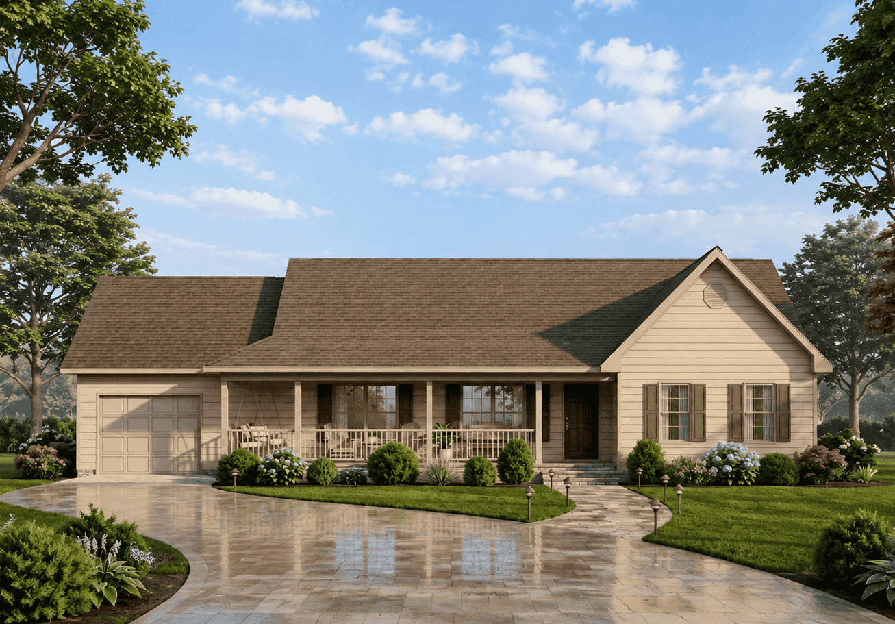 A Country home with board and batten siding, a gable roofline, and a covered front porch. 3 beds, 2 baths, 1,490 sq ft - Plan #198-1244