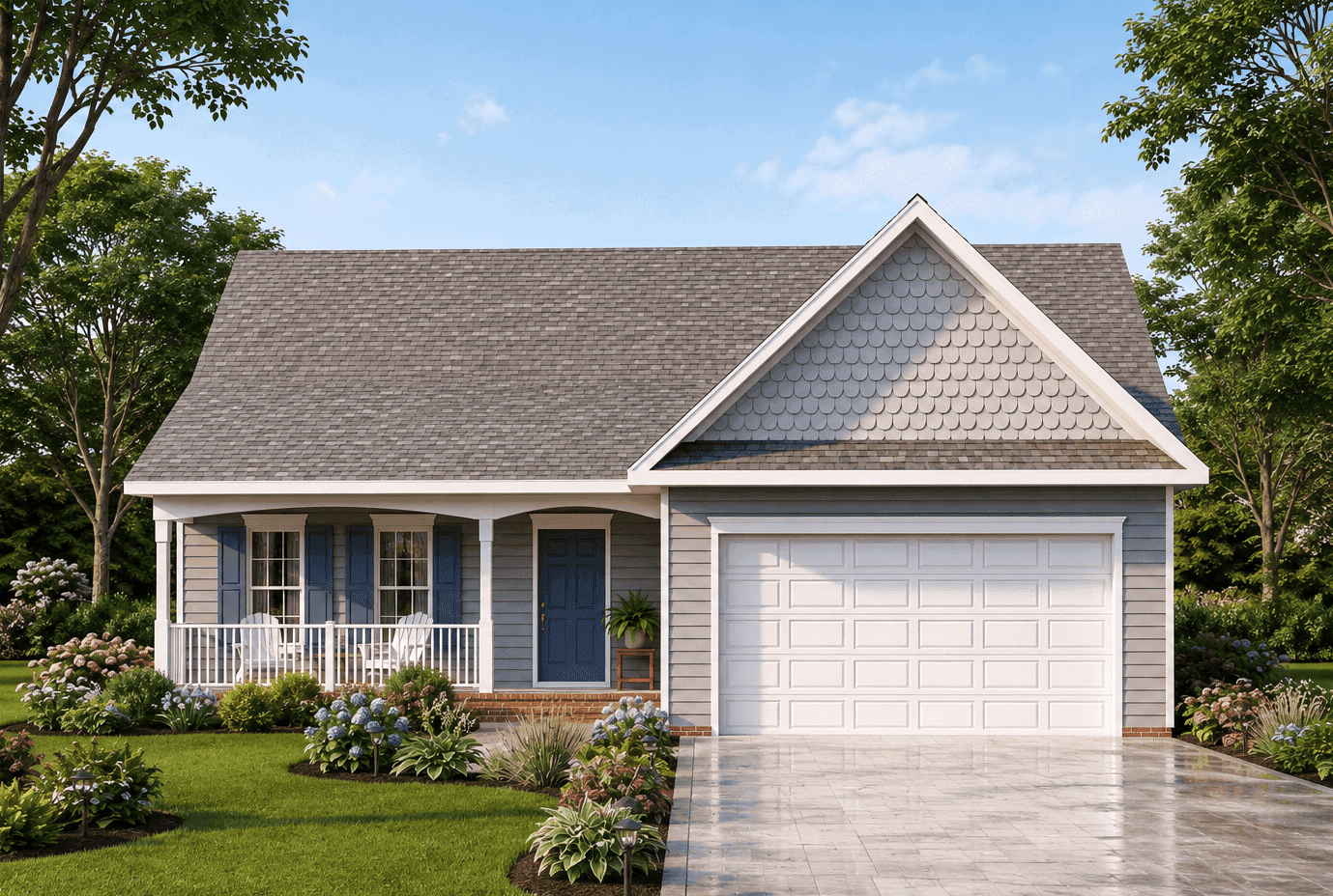 A Traditional Ranch home with covered front porch, gable roof, lap siding, and front-entry garage. 3 beds, 2 baths, 1,297 sq ft - Plan #198-1249