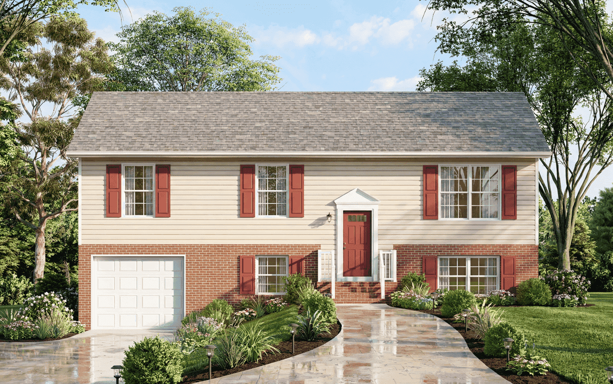 Transitional facade with columned portico entry, brick and siding exterior, and gable roofline. 3 beds, 1,104 sq ft - Plan #198-1264.