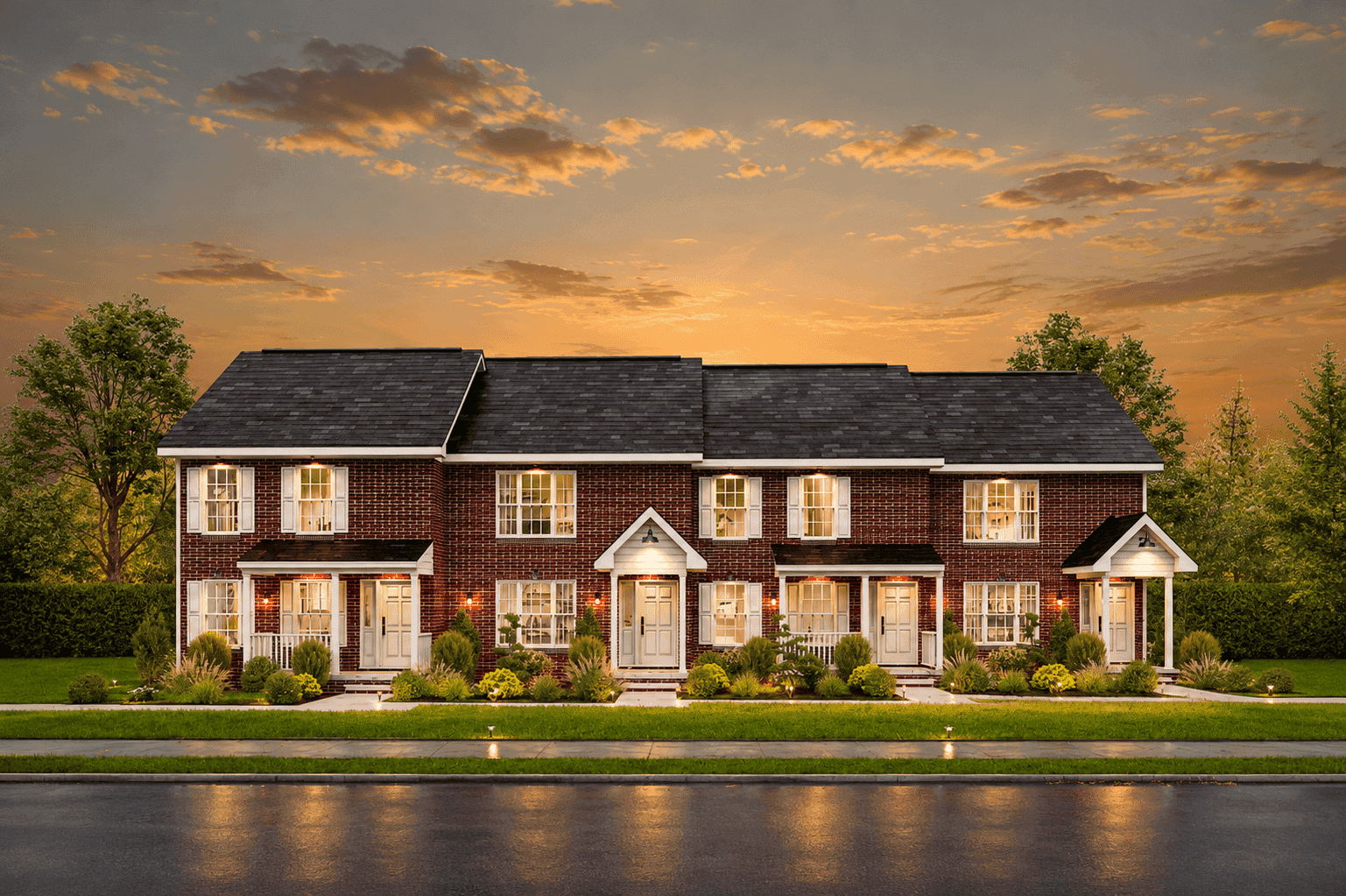 Traditional Colonial duplex elevation with gable roofline, brick and siding combination, and covered front porch entries. 8 beds, 4,764 sq ft - Plan #198-1270.