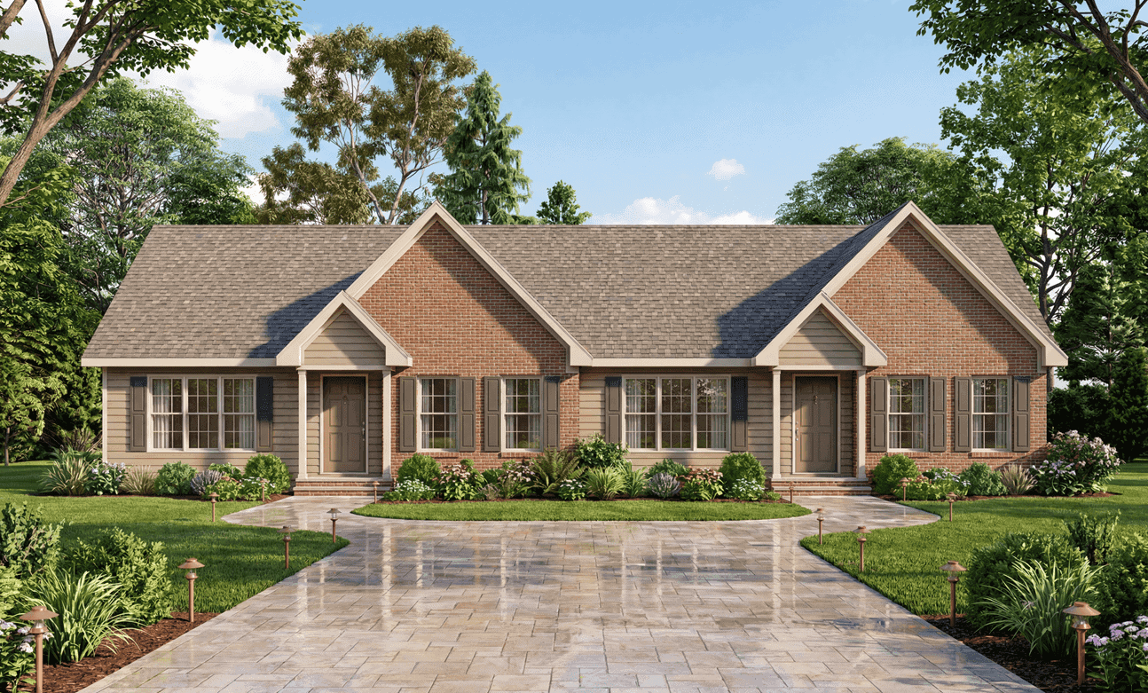 Ranch duplex facade with gable roofline, covered front porch, and vinyl siding. 4 beds, 2,071 sq ft - Plan #198-1272.