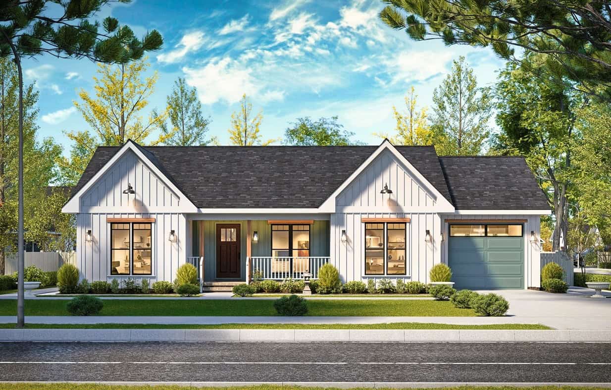 Traditional home with covered front porch, gable roofline, and front-entry attached garage. 3 beds, 1,150 sq ft - Plan #198-1274.