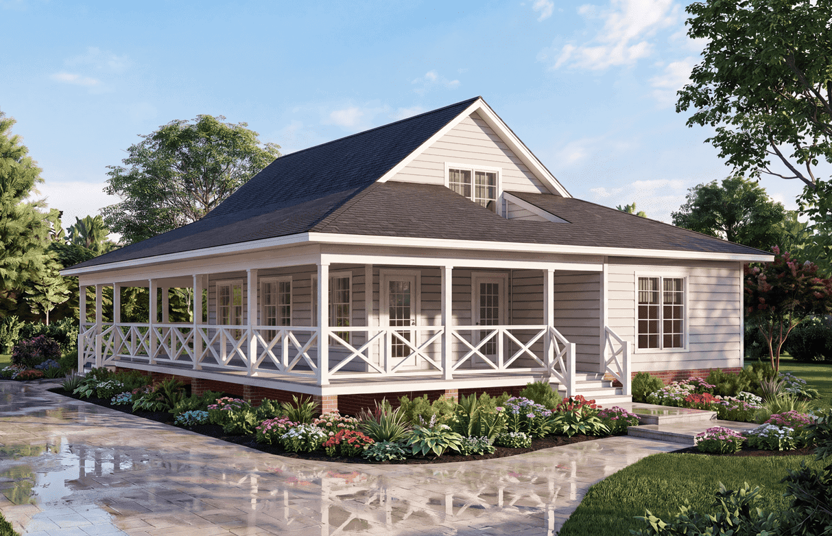 Southern facade with wraparound porch, gable roof, and vinyl siding detail. 5 beds, 3,655 sq ft - Plan #198-1275.