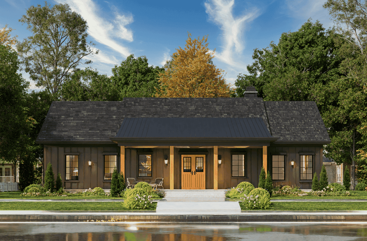 Farmhouse elevation with board and batten siding, steeply pitched gable roof, covered front porch with columns, and symmetrical shuttered windows. 3 beds, 1,624 sq ft - Plan #198-1276
