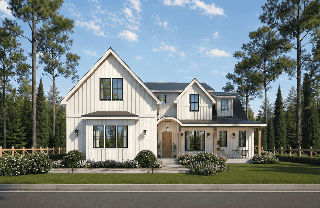Modern Farmhouse elevation with board-and-batten siding, metal roof, and covered front porch. 3 beds, 3.5 baths, 2,616 sq ft - Plan #198-1282