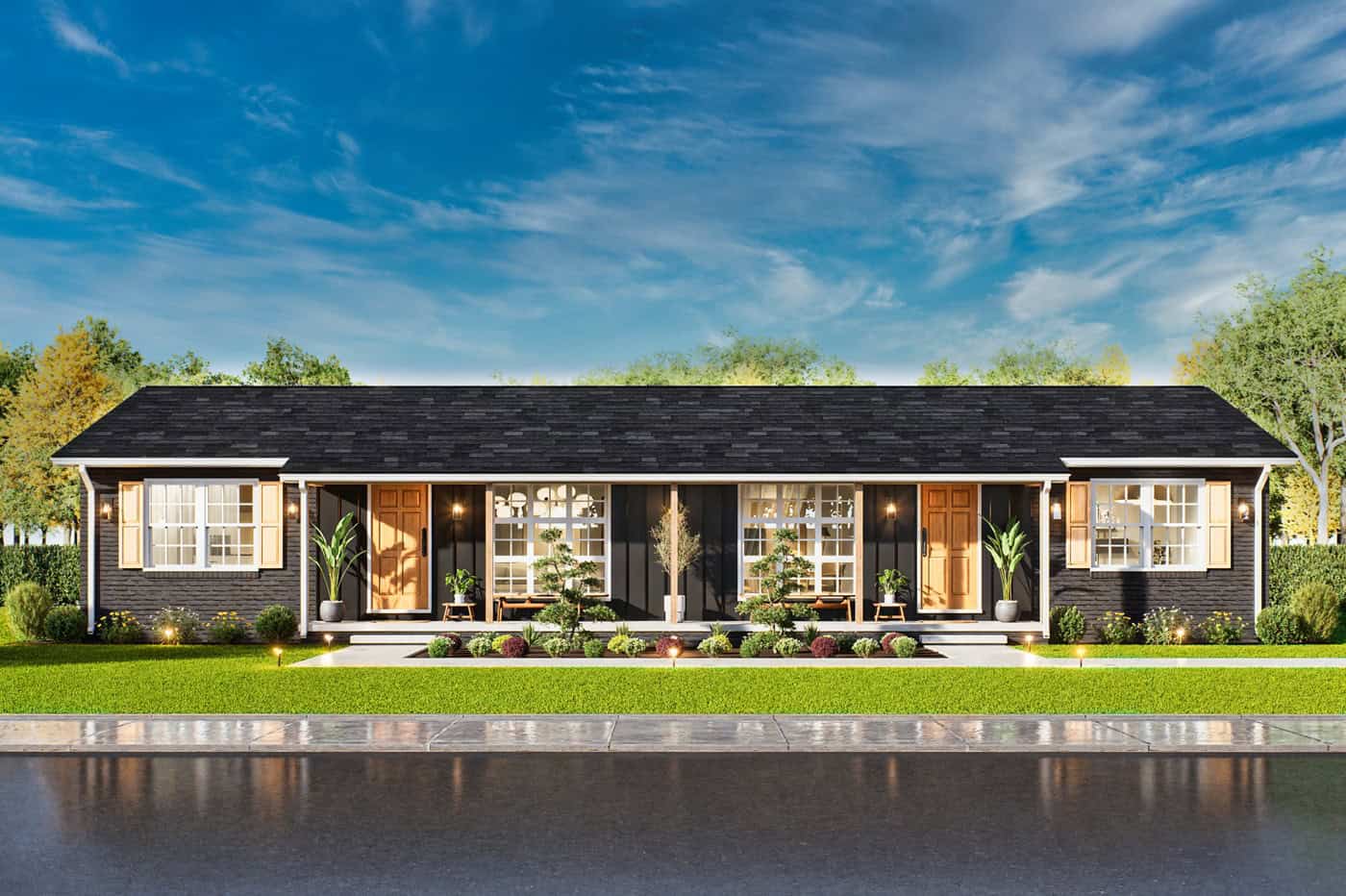 Duplex elevation with hip roof and dual covered front porch entries. 4 beds, 1,654 sq ft - Plan #198-1284