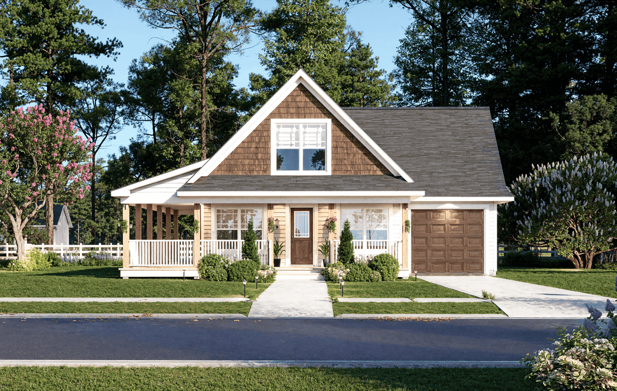 Craftsman bungalow facade with deep wraparound porch, steep gable roofline, and wood-shake siding. 3 beds, 1,272 sq ft - Plan #198-1288.