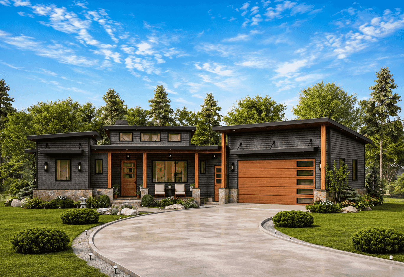 A flat roof characterizes this Contemporary home with stone shake exterior, large windows, and a covered front porch entry. 3 beds, 1,801 sq ft - Plan #198-1291.