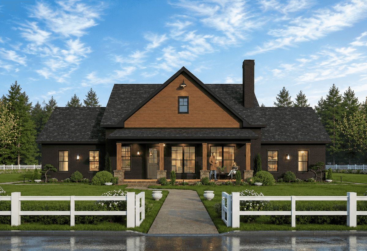 Brick Farmhouse facade featuring a steep gable roofline and generous covered front porch. 3 beds, 2.5 baths, 1,682 sq ft - Plan #198-1294