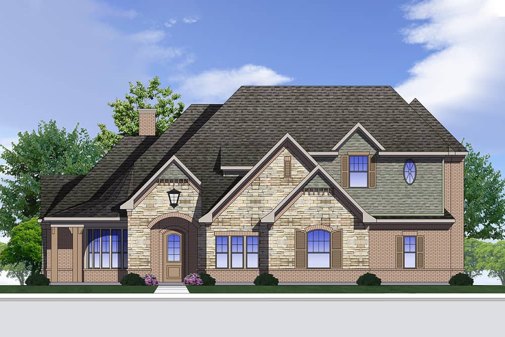 Front elevation of Luxury home plan (ThePlanCollection: House Plan #199-1021)