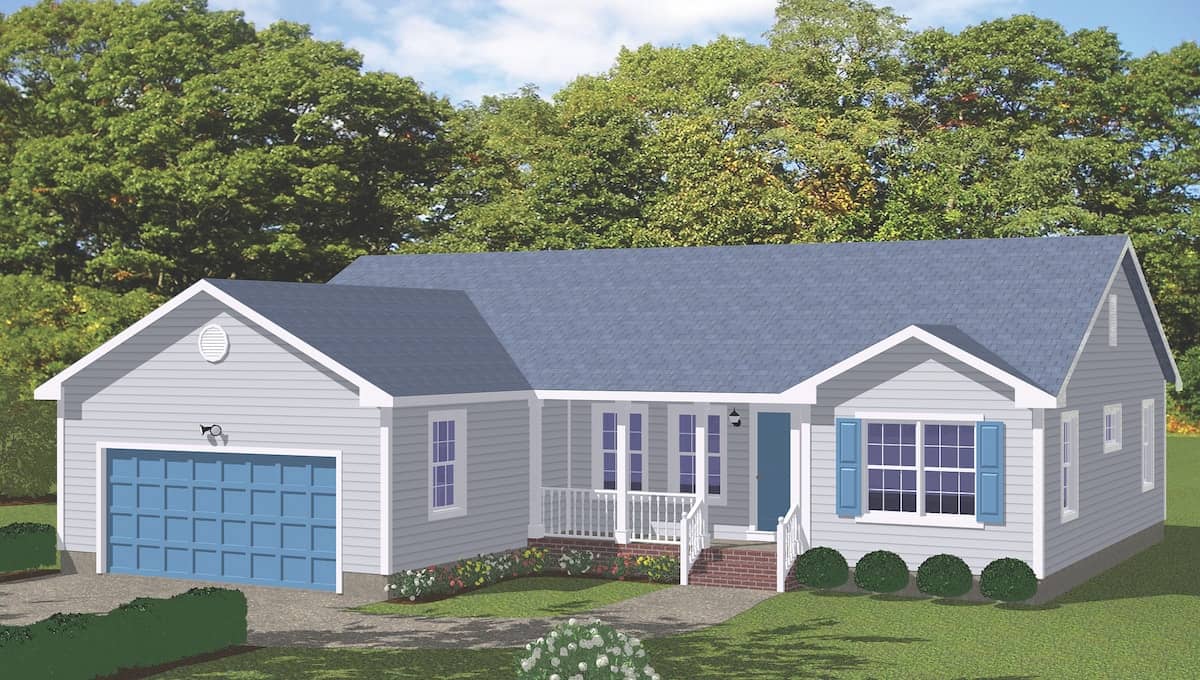 Color rendering of Ranch home plan (ThePlanCollection: House Plan #200-1034)