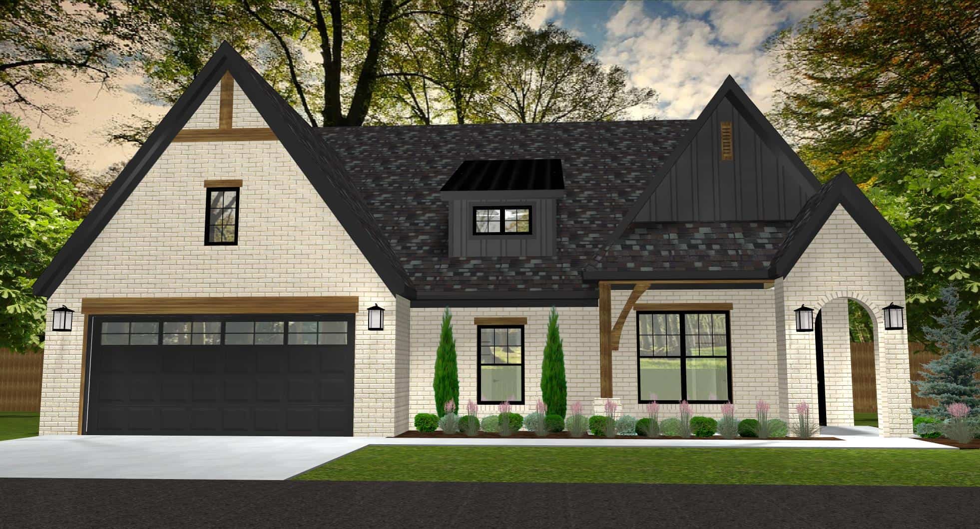 Front elevation of Tudor home (ThePlanCollection: House Plan #212-1010)