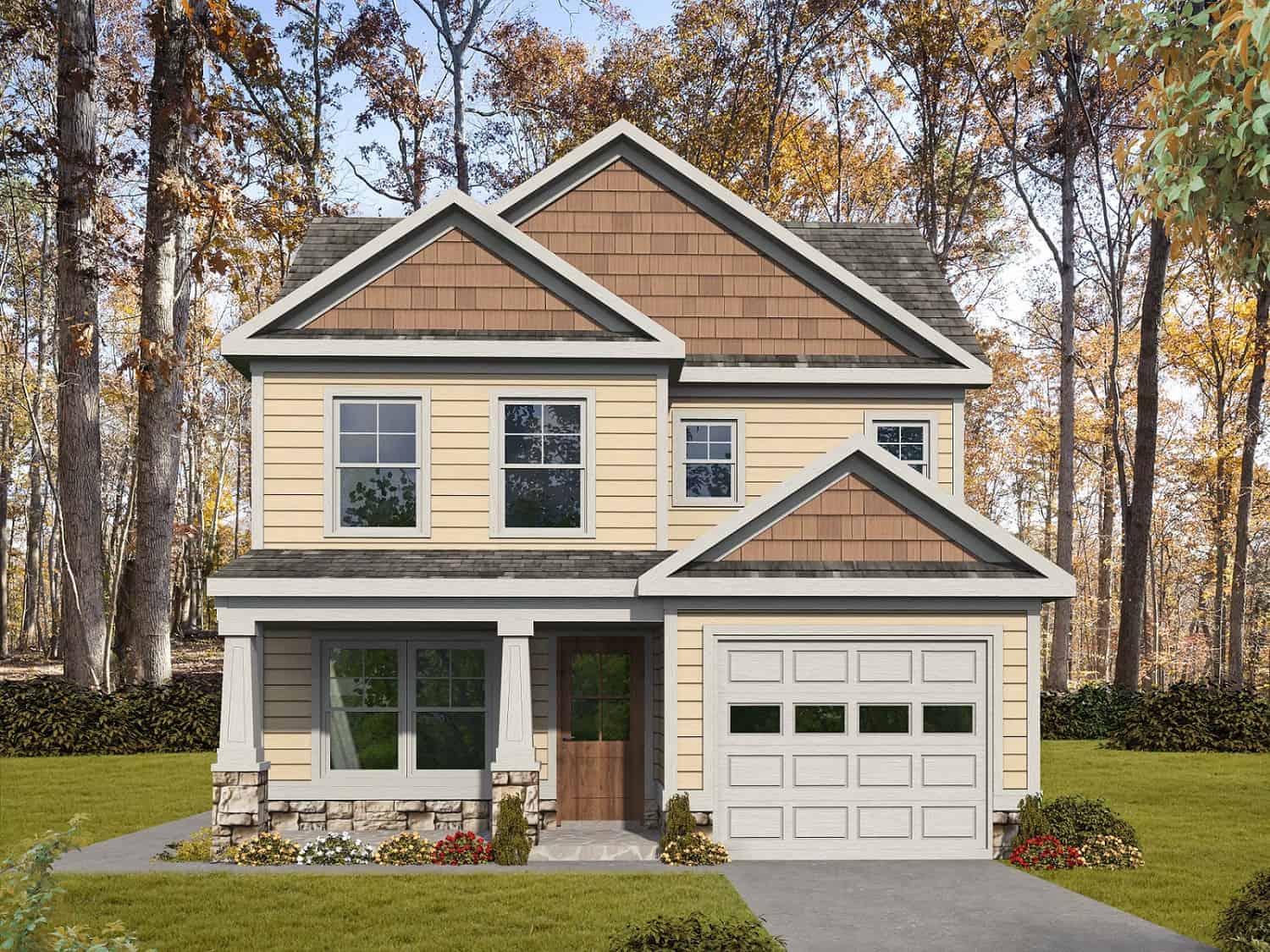 Front elevation of Craftsman home (ThePlanCollection: House Plan #213-1029)