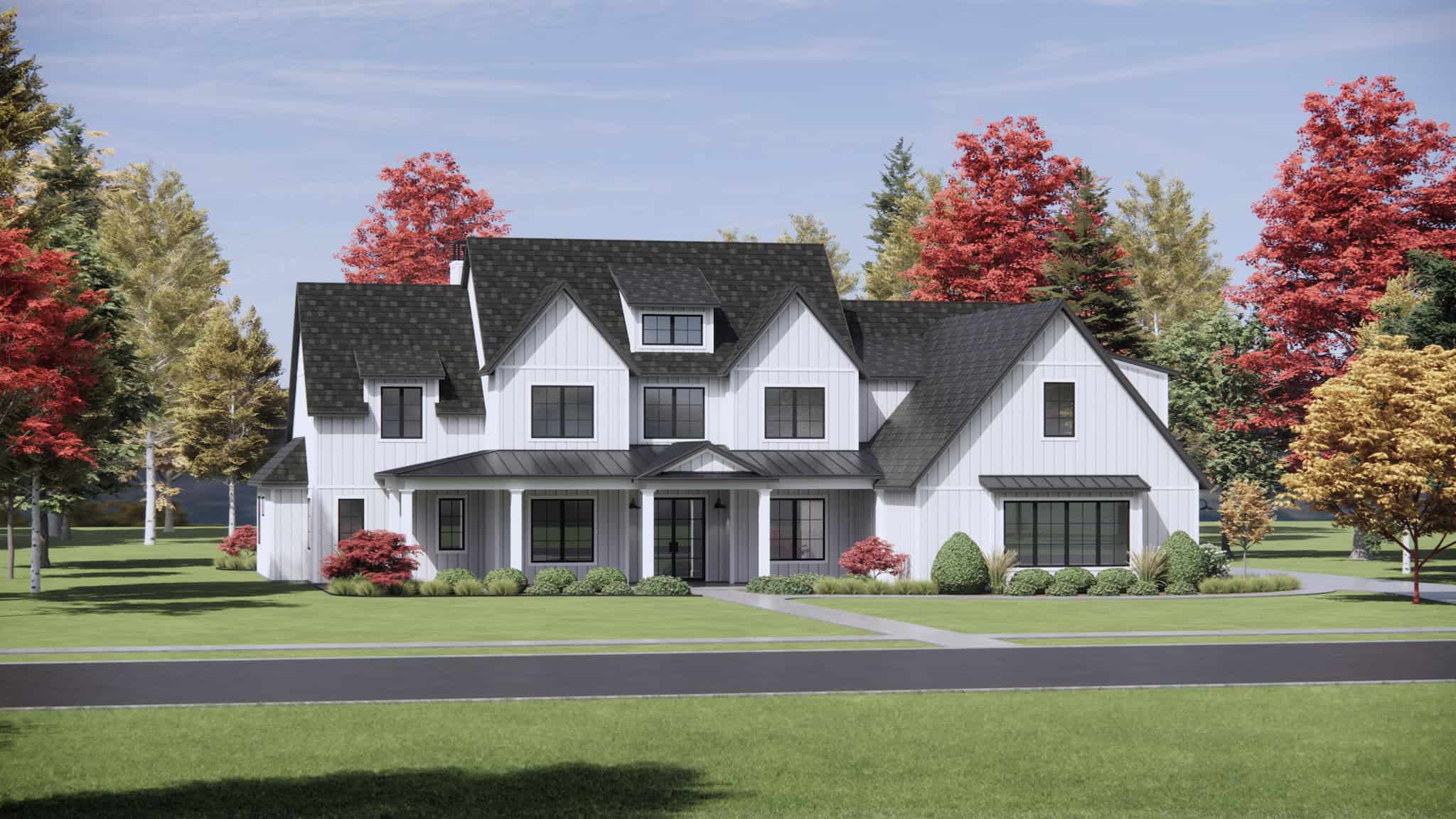 Front exterior of a 4,164 sq ft Modern Farmhouse with wraparound porch, gabled rooflines, and 3-car garage