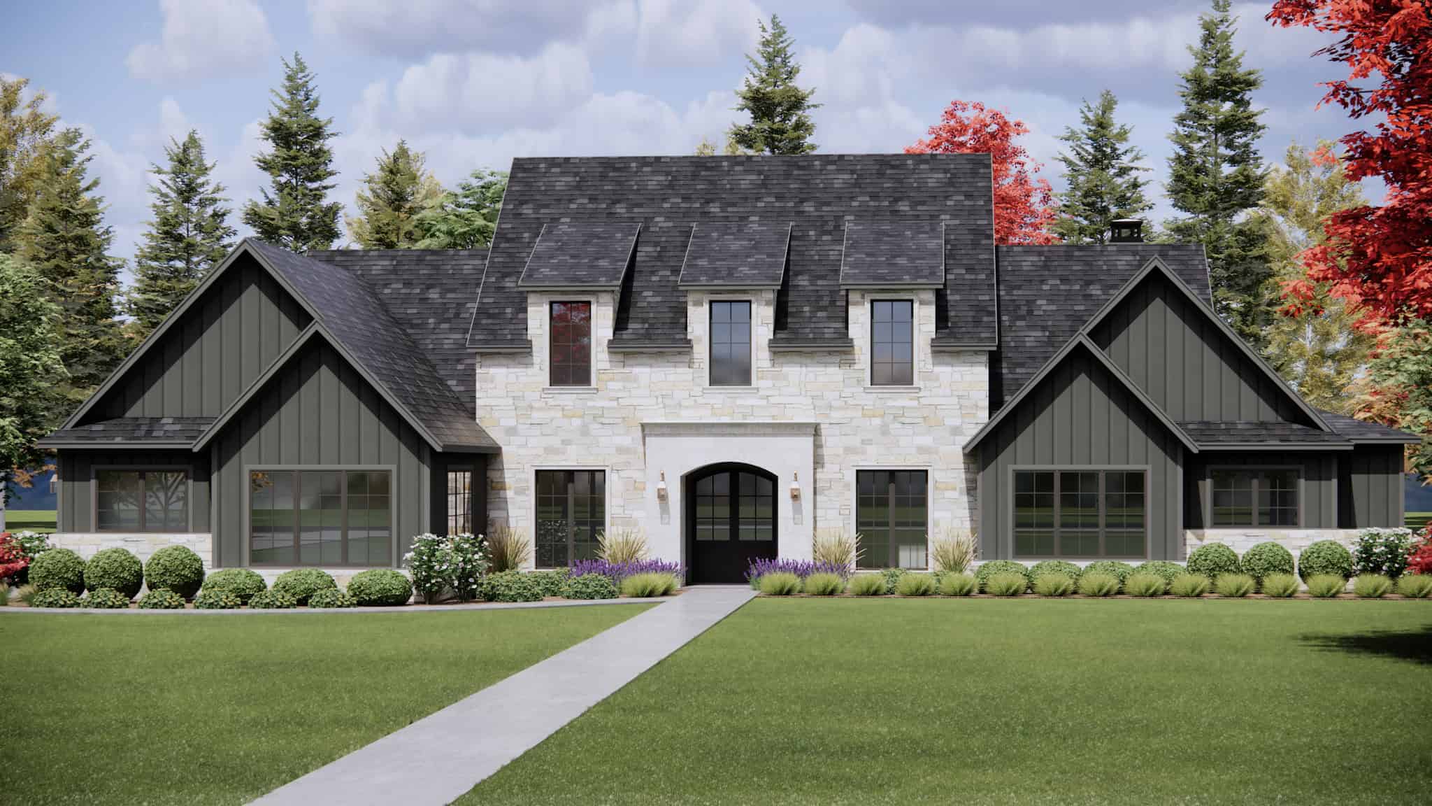 Front exterior view of a luxurious country manor with gables, 3-car garage, and covered entry- #220-1015