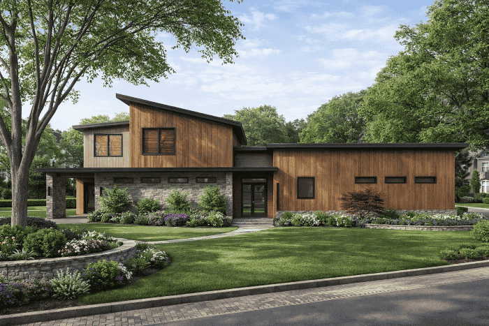 Front elevation of Contemporary home (ThePlanCollection: House Plan #221-1012)