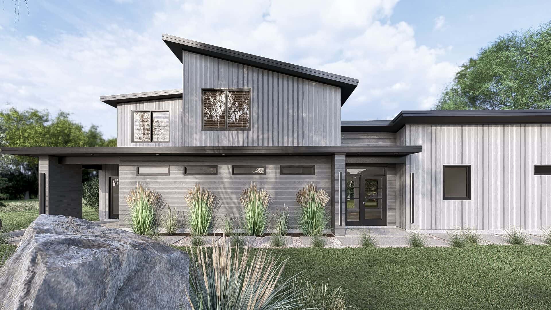 Front elevation of Contemporary home (ThePlanCollection: House Plan #221-1012)