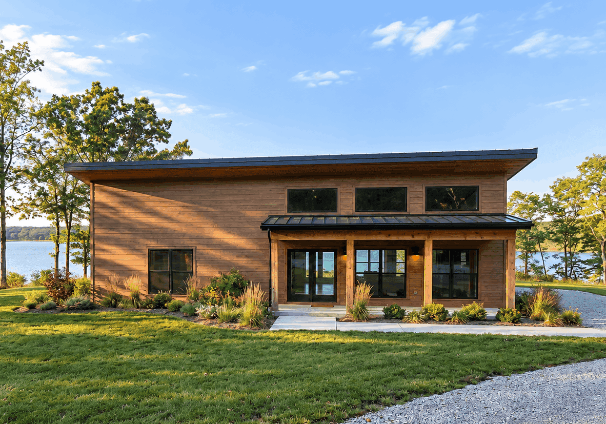 Modern home with shallow metal shed roof, covered front porch, and clean exterior lines. 5 beds, 2,250 sq ft - Plan #221-1017