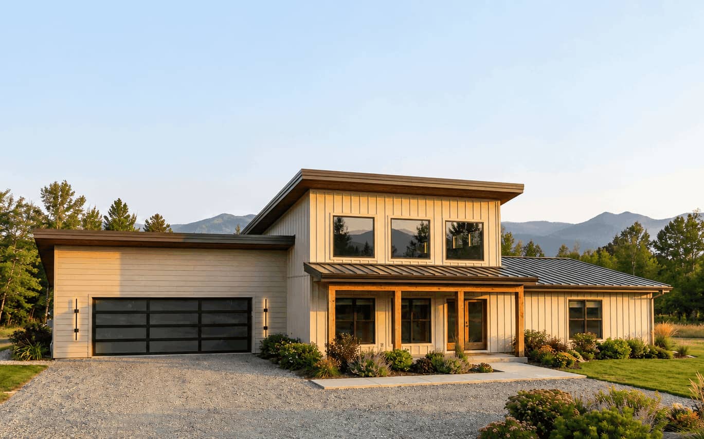 Contemporary facade with low-slope metal shed roof and covered front porch entry. Open single-story floor plan with vaulted ceilings, split master bedroom, and main-level laundry. 5 beds, 2 baths - Plan #221-1018