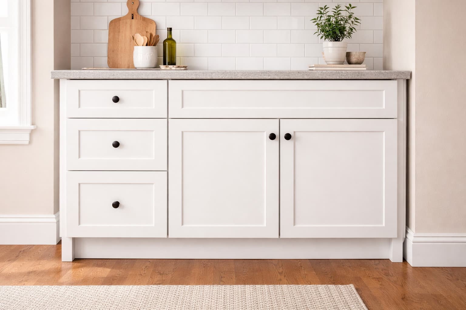 A base cabinet with drawers, doors, a toe-kick, and countertop.