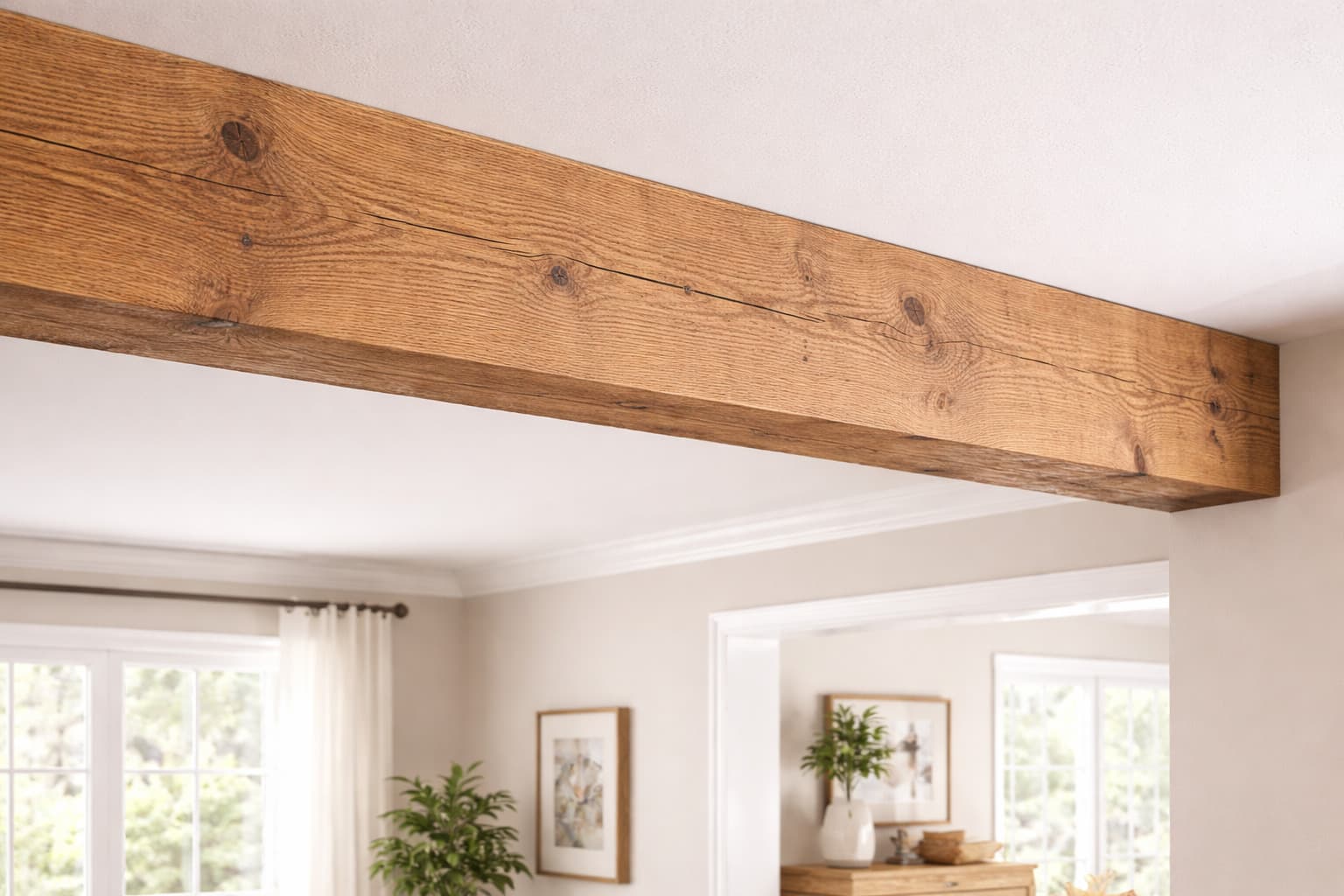 An exposed wood beam spans the opening between two living areas.