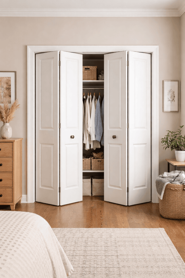 A pair of bifold doors provides access to a bedroom closet.